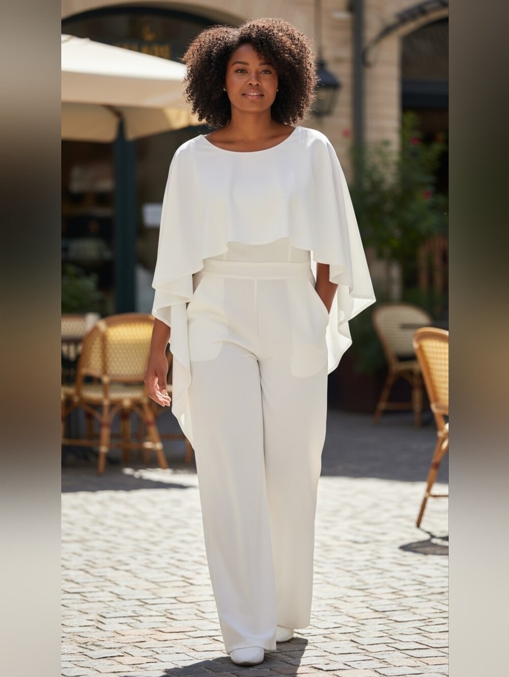 Elegant White Women's Jumpsuit with Cape Overlay (Med. Size)